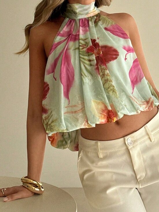 MODA ME COUTURE Tops - Multicolor Boho Women's Printed Mesh Halter Neck Top